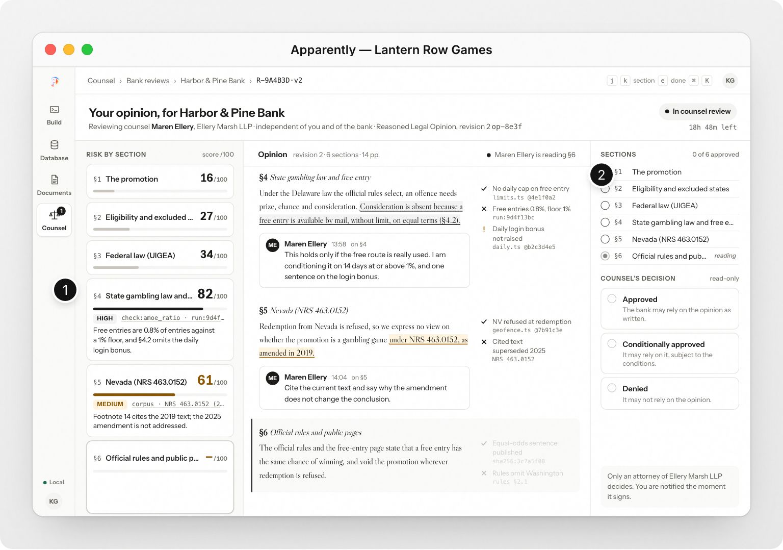 In the Apparently Mac app, Lantern Row Games follows counsel’s review of its opinion: a risk score out of 100 for each section, counsel’s notes on the flagged ones, a conditional approval with four conditions naming the edit, who makes it and the due date, the attorney’s signature, and the final step to launch.