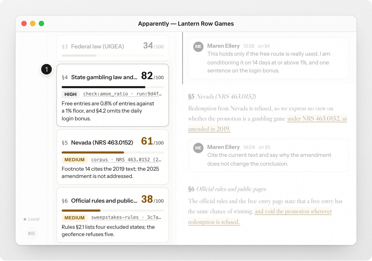 In the Apparently Mac app, Lantern Row Games follows counsel’s review of its opinion: a risk score out of 100 for each section, counsel’s notes on the flagged ones, a conditional approval with four conditions naming the edit, who makes it and the due date, the attorney’s signature, and the final step to launch. Step 1: Counsel scores each section’s risk, out of 100.