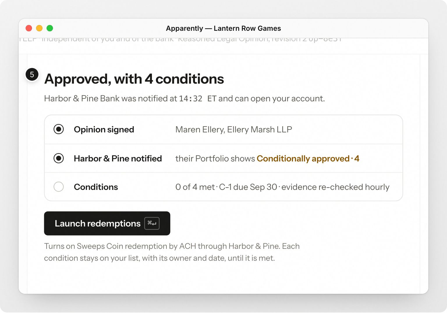 In the Apparently Mac app, Lantern Row Games follows counsel’s review of its opinion: a risk score out of 100 for each section, counsel’s notes on the flagged ones, a conditional approval with four conditions naming the edit, who makes it and the due date, the attorney’s signature, and the final step to launch. Step 5: Your bank is notified, and you launch.