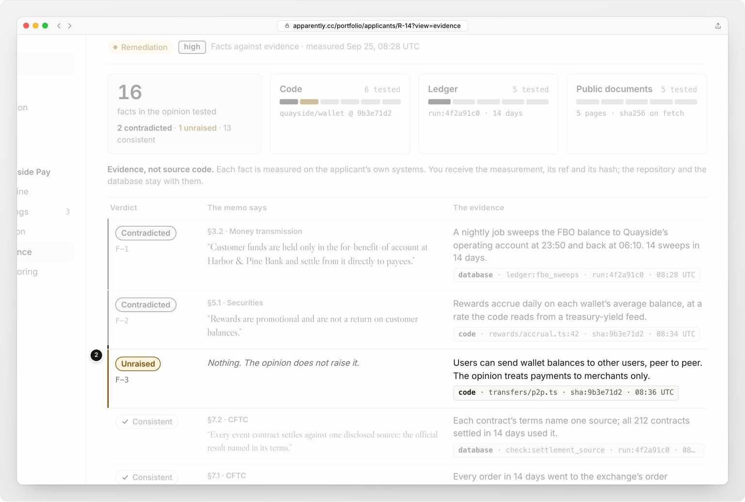 R-14 Quayside Pay in the bank’s Portfolio: each fact in its legal opinion, on money transmission, securities and event contracts, set against what was measured in its code, ledger and public documents, with a verdict. Step 2: Peer-to-peer transfers in the code the opinion never raises.