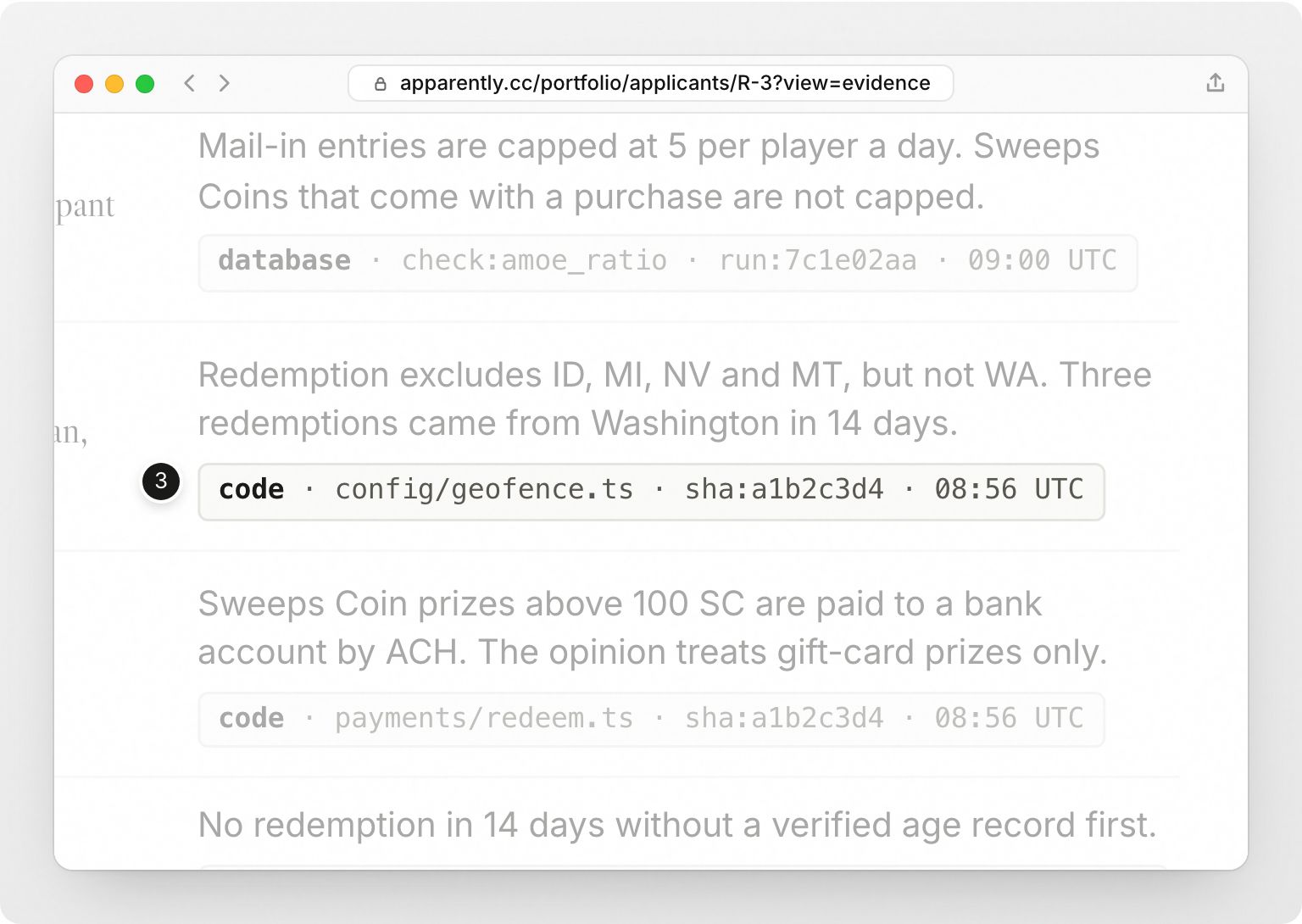 R-3 Lantern Row Games in the bank’s Portfolio: each fact in its legal opinion set against what was measured in its code, database and public documents, with a verdict. Step 3: Each measurement carries its ref and hash, never code.