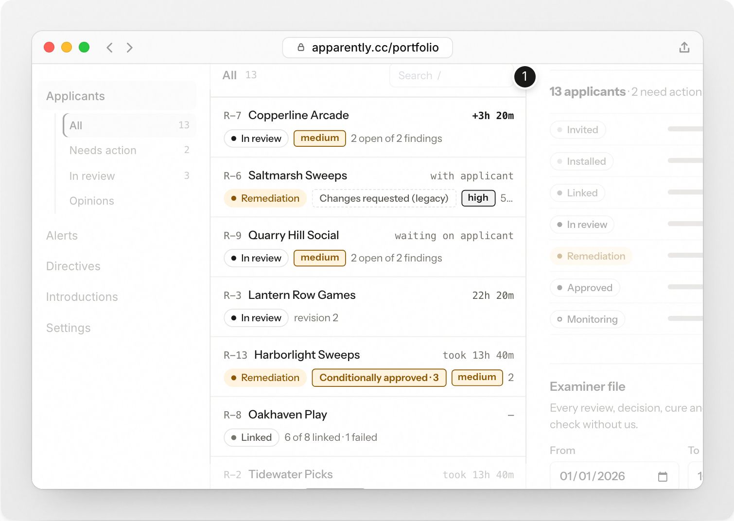 Harbor & Pine Bank’s Portfolio: every applicant ranked, in its lane, with its review clock and tier, and one applicant opened to its timeline. Step 1: Every applicant, ranked by what needs you first.
