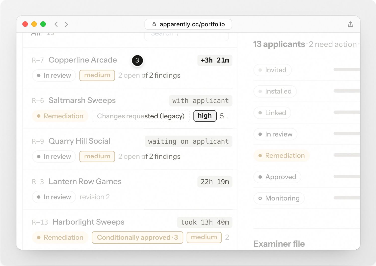 Harbor & Pine Bank’s Portfolio: every applicant ranked, in its lane, with its review clock and tier, and one applicant opened to its timeline. Step 3: A live 24-hour clock on every review.