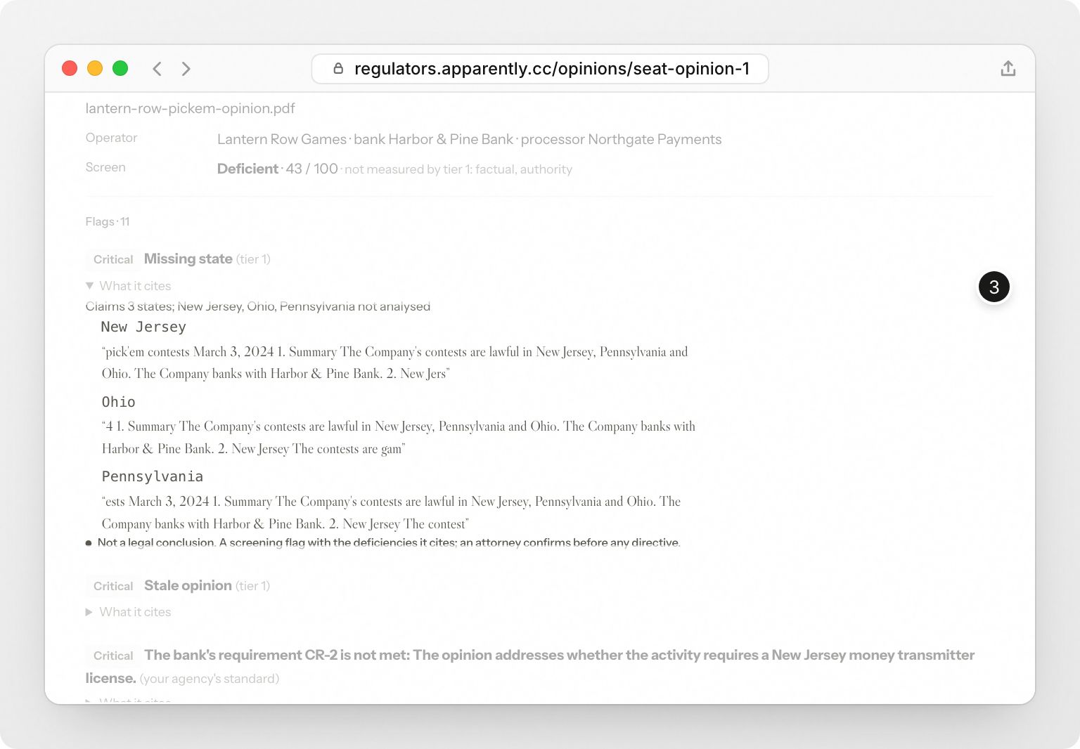 One example opinion as the agency opens it: its screen band and score, its most serious flags against the agency’s standard, and the passages of the opinion each flag cites. Step 3: Each flag quotes the passage it rests on.