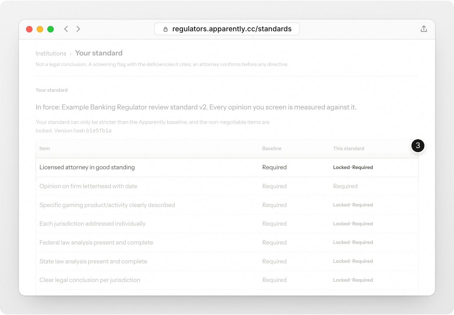 An example agency’s review standard: the version in force and its hash, and the checklist with the items the agency raised above the baseline and the locked non-negotiables. Step 3: Non-negotiable items stay locked.