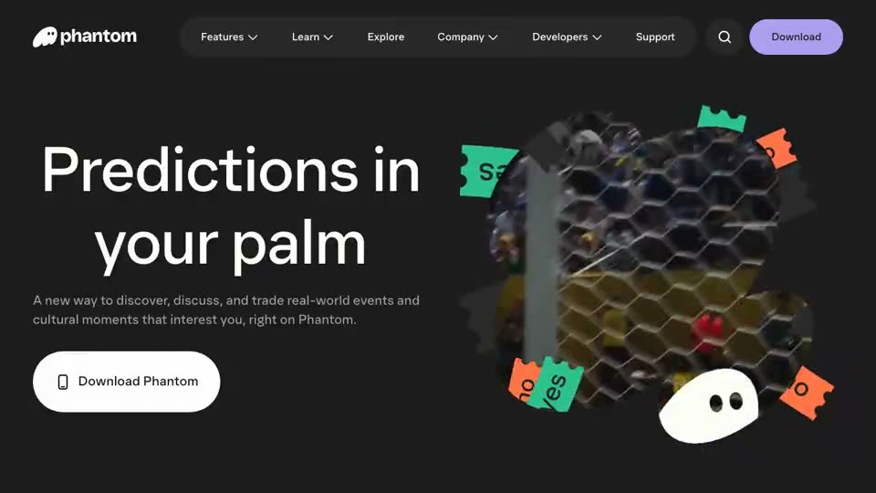 A wallet front end for event contracts: Phantom’s public Prediction Markets page shows in-app screens with a basketball game priced in percentages and a “Make your prediction” control, then opens the FAQ answer stating that its markets are powered by Kalshi via DFlow and that users do not open a Kalshi account.