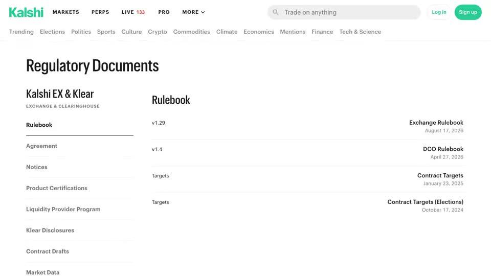 Kalshi’s public regulatory documents page: the Exchange Rulebook v1.29 dated August 17, 2026, the DCO Rulebook, links for agreements, notices and product certifications, a heading for Kalshi Prime LLC (FCM), then the site footer.