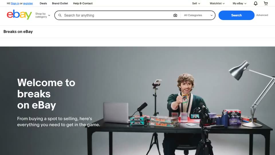 eBay’s public “Breaks on eBay” page: the three-step explainer (grab your spot, chase the thrill, claim your wins, with “No purchase necessary”), then the list of FAQ questions, including who can run breaks and what happens if no card is pulled for a spot.