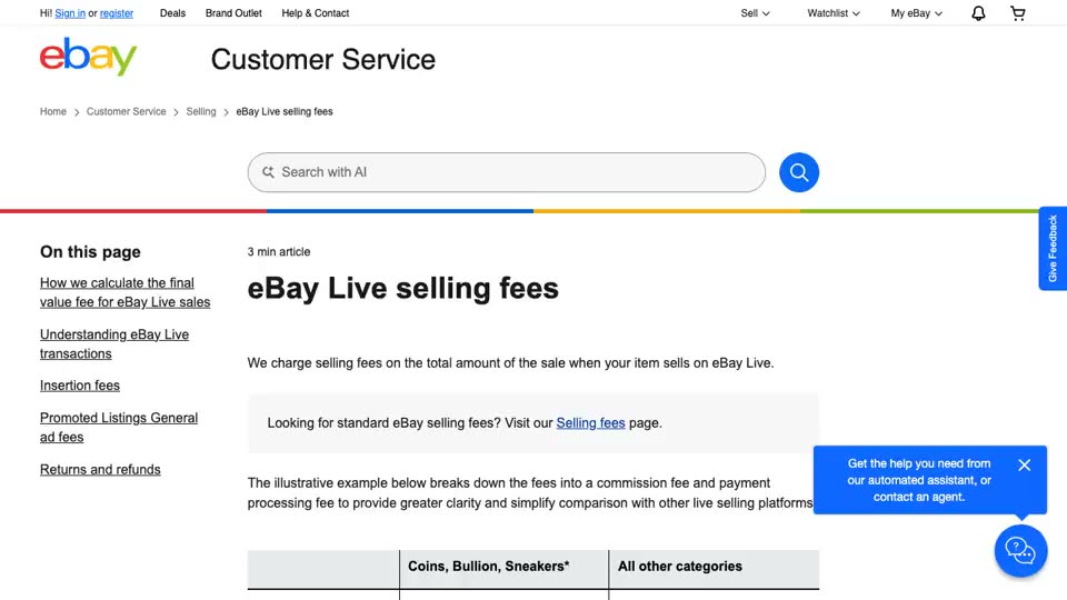 eBay’s public “eBay Live selling fees” page: the table of commission and payment-processing fees by category, the promotion note, and the start of the section on how the final value fee is calculated. A site assistant prompt appears at the right.