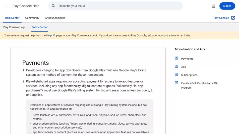 Google’s public Play Console Help page for the Payments policy, scrolled to item 7: apps and games offering randomized virtual items “including, but not limited to, ‘loot boxes’ must clearly disclose the odds” in advance of, and in close and timely proximity to, the purchase.
