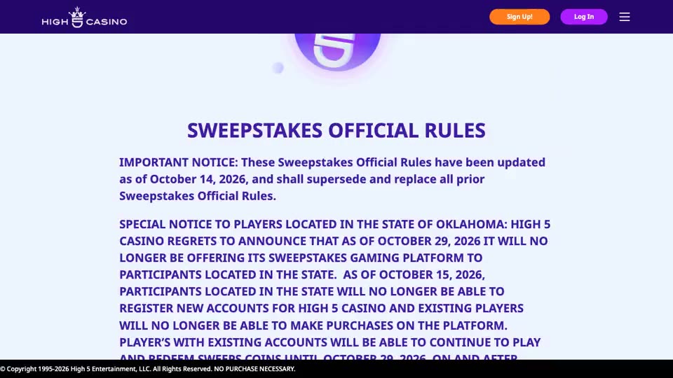 High 5’s public Sweepstakes Official Rules, updated October 14, 2026: the important-notice banner, the special notice to players located in Oklahoma, the “no purchase necessary” statement and the opening paragraph that incorporates the terms of use.