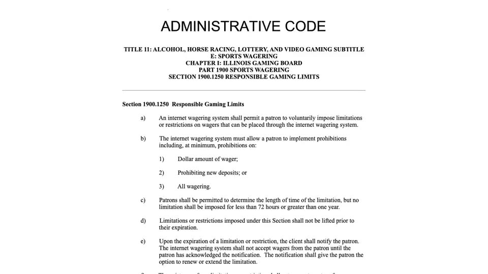 The Illinois General Assembly’s public text of Section 1900.1250, “Responsible Gaming Limits”: the prohibitions a patron can impose, the 72-hour minimum and one-year maximum, the notice on expiry and the bar on direct marketing to a patron with a limit.