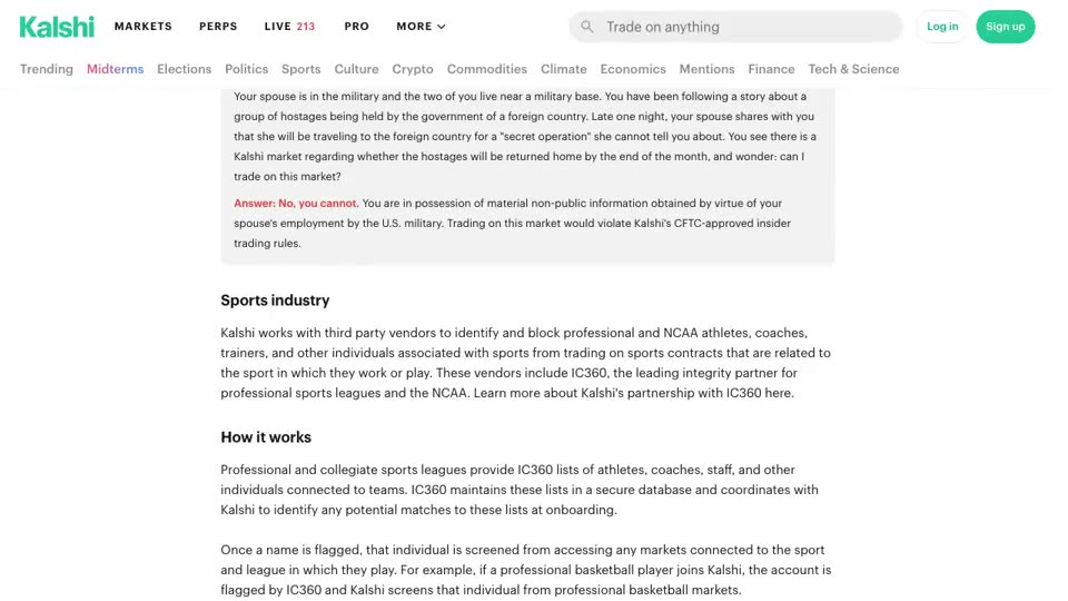 Kalshi’s public market-integrity page, scrolled through its “Sports industry” section: the vendors that screen athletes, coaches and officials, how league-provided lists are matched at onboarding, who is screened, the other trading the rules prohibit, and what else is monitored.