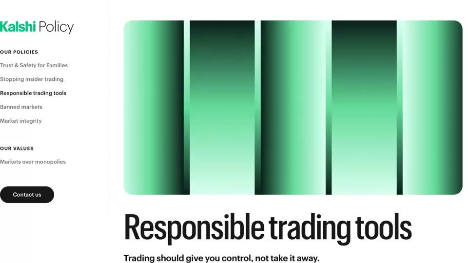 Kalshi’s public “Responsible trading tools” page: the six available resources (trading breaks, self-exclusions, deposit limits, mental health support, educational guides, account security), then where to find the settings in the app and on the web.