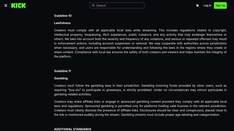 Kick’s public Community Guidelines, scrolled to Guideline 11, Gambling: the rule on buy-ins, the paragraph on affiliate links and sponsored gambling, and the disclosure and age-labeling sentences. The site’s sidebar of live streamers was hidden.