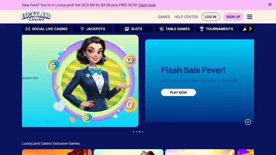 LuckyLand Casino’s public home page, logged out: the top banner offer, the menu of sections, then the rows of exclusive games, new games, top social live casino games, originals and jackpot slots.