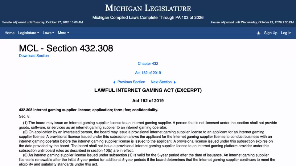 The Michigan Legislature’s public text of MCL 432.308: the licence requirement, the provisional licence, the five-year term, the application fee cap and the licence fees.