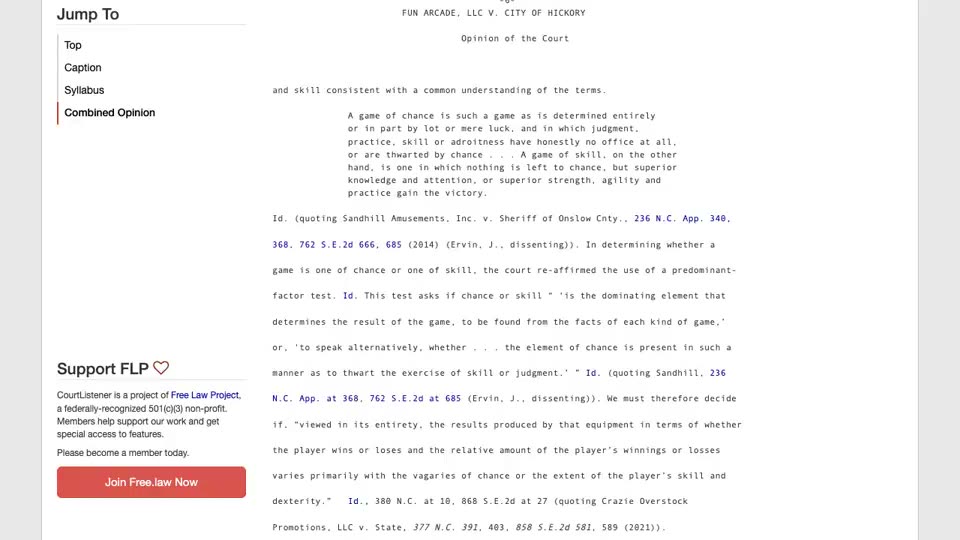 CourtListener’s public page for the North Carolina Court of Appeals opinion, scrolled through the passage defining games of chance and skill and the predominant-factor test, then the court’s application to the fish game.