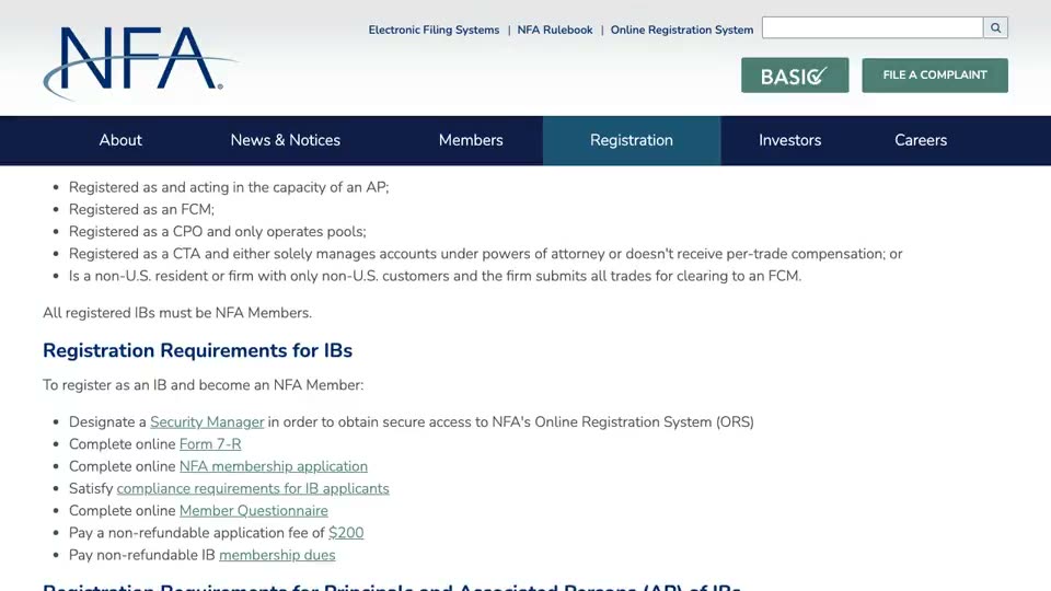 NFA’s public introducing-broker page: who is exempt from registering, then the steps to register as an IB and join NFA, with the $200 application fee and the dues line, then the separate steps and $85 fee for each principal and associated person.