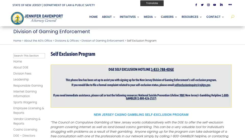 The New Jersey Division of Gaming Enforcement’s public Self Exclusion Program page: the four ways to register (in person or video, online, or through an online player account) and the minimum periods of one year, five years or lifetime for each.