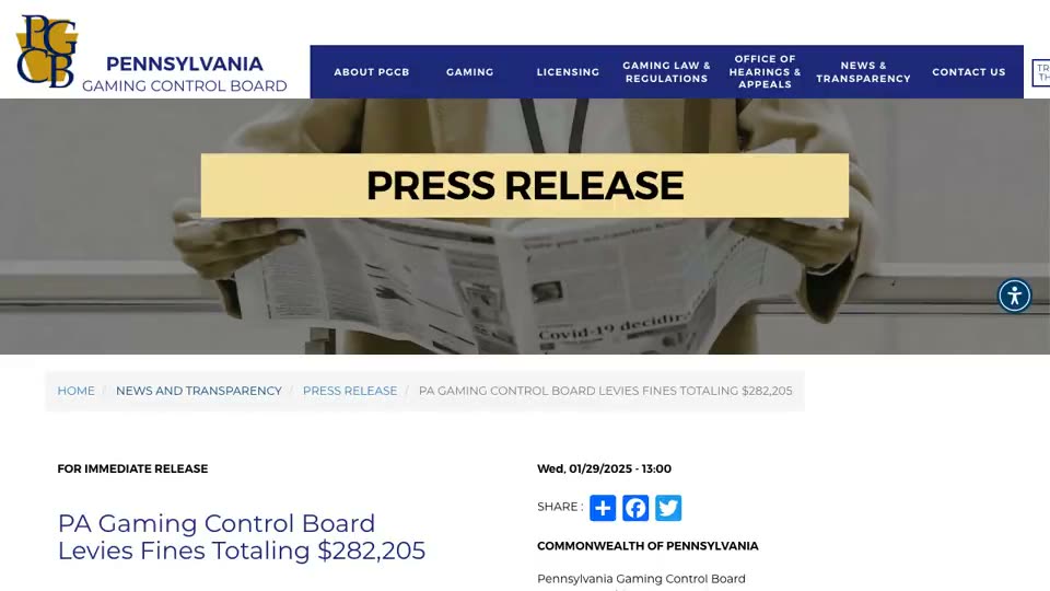 The Pennsylvania Gaming Control Board’s public press release of January 29, 2025: the three consent agreements approved at the meeting, with the largest fine against an interactive gaming operator for 152 instances involving the Interactive Self-Exclusion List.