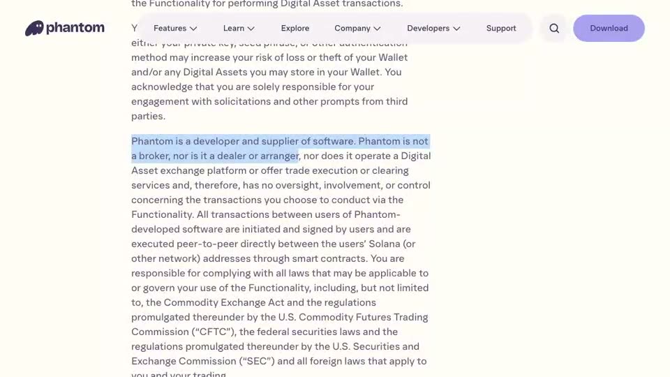 Phantom’s public Terms of Use, dated March 17, 2026: the custody, broker and adviser passages, highlighted in turn.