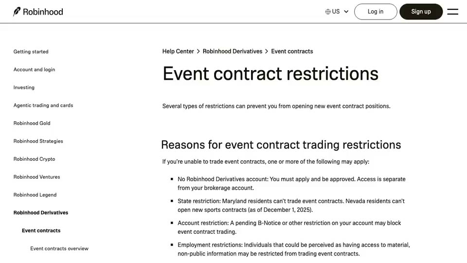 Robinhood’s public help page on event contract restrictions, scrolled from the state restriction naming Maryland and Nevada, through the position-closing-only rule applied when an eligibility or state change is detected, to the “stricter area” geolocation error and its causes.