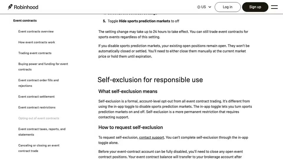 Robinhood’s public help page on opting out of event contracts, scrolled through “Self-exclusion for responsible use”: what self-exclusion means, how to request it through support, what happens after the request, and the National Council on Problem Gambling helpline reference.
