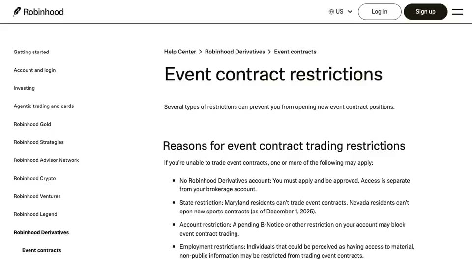 Robinhood’s public help page on event contract restrictions, scrolled to “Prohibited individuals”, which refers to each exchange’s prohibitions and to Kalshi’s Appendix B, then the position-closing-only restriction and the “stricter area” error.
