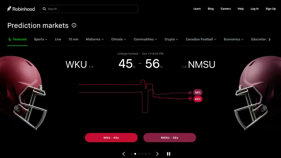 Robinhood’s public prediction-markets page with no account: a row of category tabs, a featured college football game priced in cents per side, a 2027 college basketball championship market, and boards of baseball, tennis, metals-price, MMA and entertainment contracts with percentage prices.