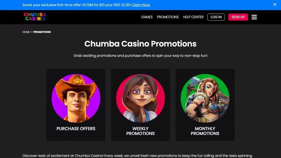 Chumba’s public Promotions page: a top banner offering GC10M for $10 “plus FREE SC30”, then the Purchase offers section with a welcome offer of GC 2,000,000 + SC 2. A paid Gold Coin pack with Sweeps Coins added is the pairing this definition describes.