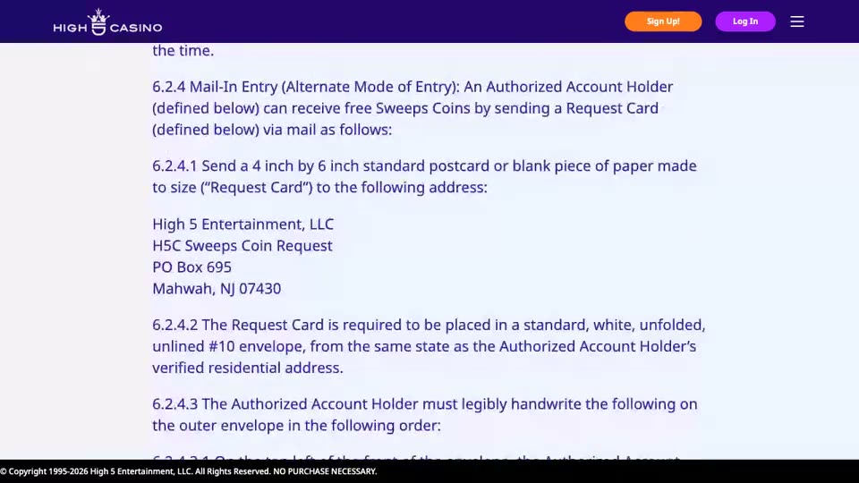 High 5’s rules scrolled through § 6.2.4: the Request Card, the mailing address, the handwriting rules, and three Sweeps Coins per request.