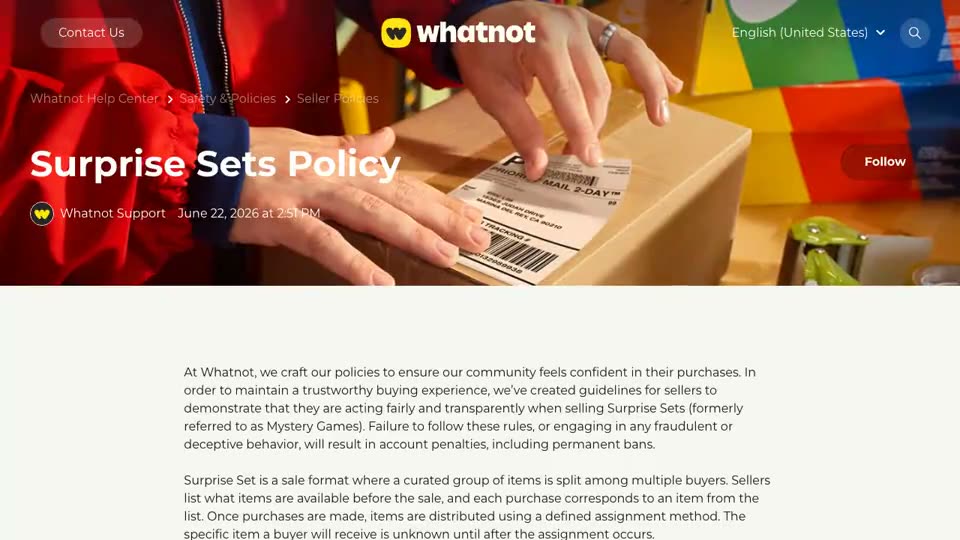 Whatnot’s public Surprise Sets Policy, dated June 22, 2026: the definition of a surprise set, then the randomization and visibility rules, the full detailed list requirement with its example listing, and the “No prize” rule.