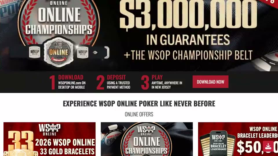 WSOP Online New Jersey’s public page: download, deposit and play steps that say play anywhere in New Jersey, its online offers, and the 2026 bracelet-event schedule with buy-ins. The in-state limit on play is enforced by the location check its terms describe.