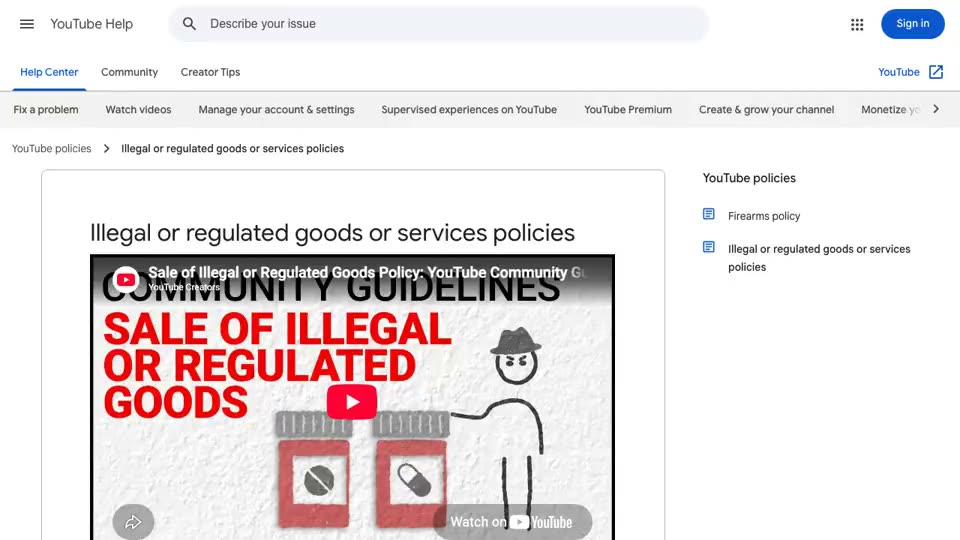 YouTube’s public policy page on illegal or regulated goods or services, scrolled through the list of regulated goods and services (including uncertified online gambling sites) and into the examples section.